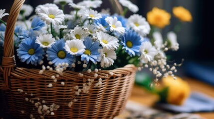 Beautiful bouquet of daisies in a basket on the windowsill. Springtime  concept with a space for a text. Valentine day concept with a copy space.