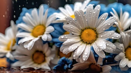 beautiful daisies in the rain on a dark background. Springtime  concept with a space for a text. Valentine day concept with a copy space.