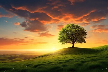 A solitary tree standing in a lush green field under a vibrant sunset sky