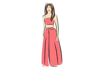 A girl in a coral-colored summer suit.Fashion illustration