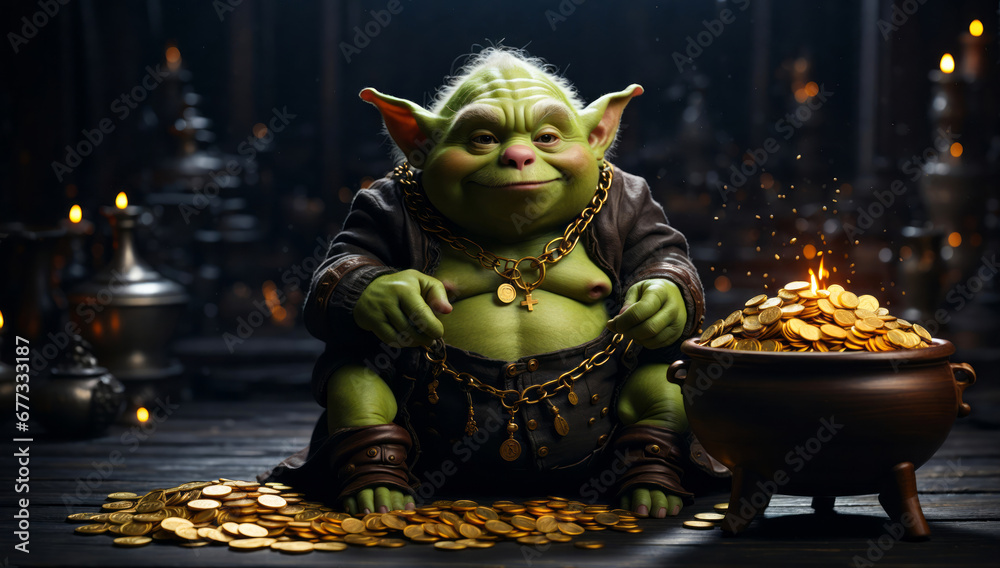 Canvas Prints an evil goblin guards a pot full of gold coins. - Canvas Prints