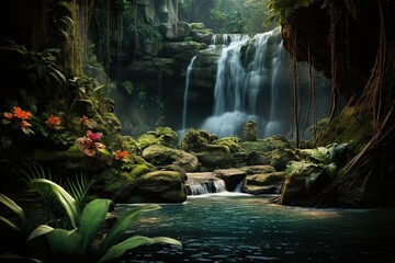 A secluded waterfall on a jungle island, hidden among lush ferns and orchids
