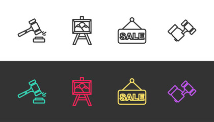 Fototapeta premium Set line Auction hammer, painting, Price tag with Sale and on black and white. Vector