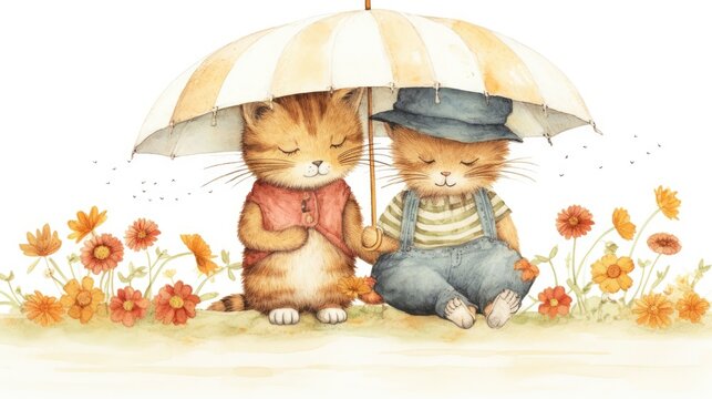  a watercolor painting of two cats sitting under an umbrella in a field of sunflowers and daisies.