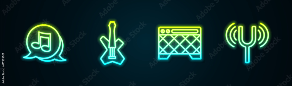 Canvas Prints Set line Music note, tone, Electric bass guitar, Guitar amplifier and Musical tuning fork. Glowing neon icon. Vector