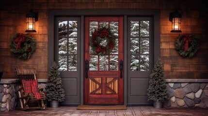 Fototapeta na wymiar a red front door with two wreaths on the windows and a rocking chair in front of the front door.