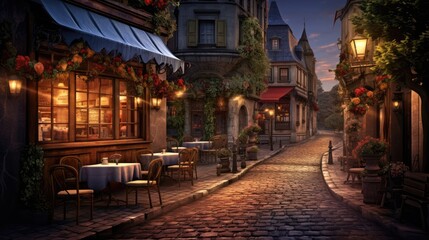  a painting of a cobblestone street at night with tables and chairs on either side of the street and a restaurant on the other side of the street.