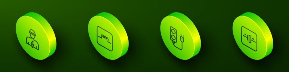 Set Isometric line Electrician, Inductor in electronic circuit, extension and DC voltage source icon. Vector