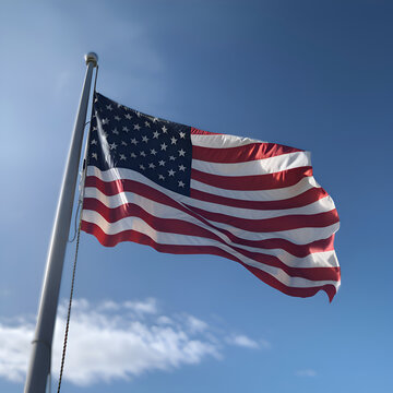 American flag waving in the wind on a background of blue sky.