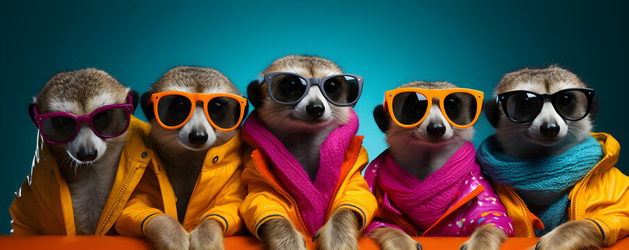 Meerkat in a group wearing vibrant and fashionable outfits, perfect for birthday party invitations or advertisements with copy text space on a solid background, with copy space for text