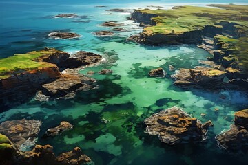Aerial view of a craggy coastline with emerald tide pools reflecting the evening sky