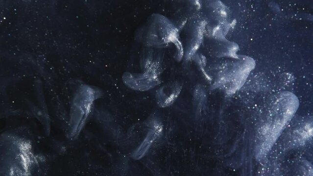 Vertical video. Paint splash background. Fantasy cloud. Steel blue glitter vapor flow in dark gray abstract fume mysterious hypnotic magic occult captivating art.