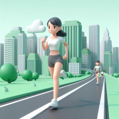 Fototapeta na wymiar young girls running a marathon on the road in downtown 3d character. ai generative