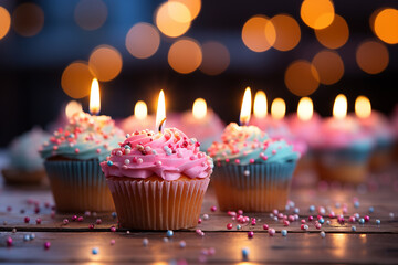 Obraz na płótnie Canvas Cupcake with a candle, Birthday concept. Colorful creamy cupcakes. AI