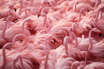 Aerial view of a flock of flamingos forming a pink canvas