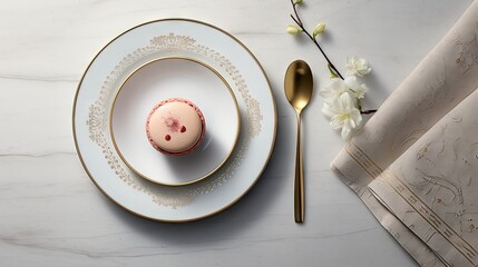  a cupcake sitting on top of a white plate next to a gold spoon and a white and gold napkin.