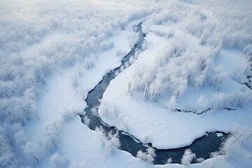 Fototapeta na wymiar Aerial view of a frozen river weaving through a snow-covered forest