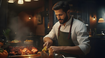 man cooking in a restaurant,man cooking kebab