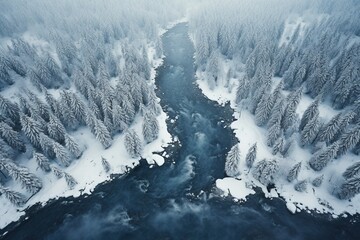 Aerial view of a frozen river weaving through a snow-covered forest