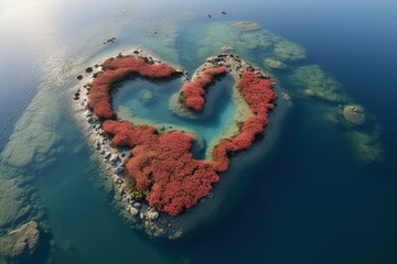 Aerial view of a heart-shaped coral reef