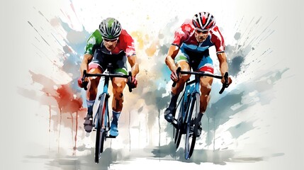 Cyclist athletes riding a race at high speed. Cycling competition water colour art illustration. generative AI