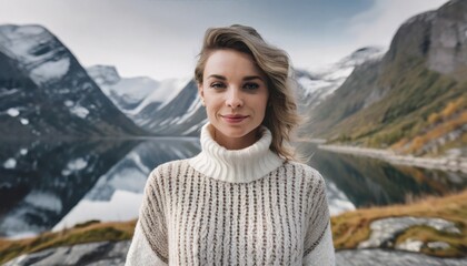 Fotoshooting in the mountains: Portait of a young beautiful model in mountain scenery with norwegian sweater - obrazy, fototapety, plakaty