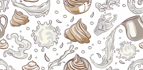 Milk splash pattern, vector isolated liquid waves of cream, realistic, set on transparent background. Drops of milk cream, abstract white spiral curls and waves, caps of cream, Baileys cream liqueur