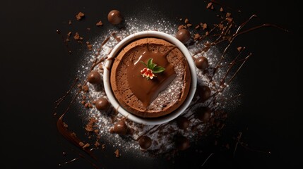  a piece of chocolate cake sitting on top of a white bowl filled with chocolate chips and sprinkles.