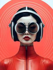 Asian woman in retro futuristic style with headphones and glasses on red background