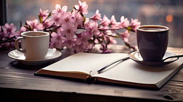  a cup of coffee sitting on top of a wooden table next to a book and a cup of coffee on top of a saucer.