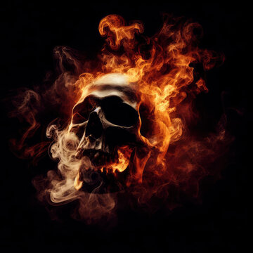 skull on fire on a black background. ai generative