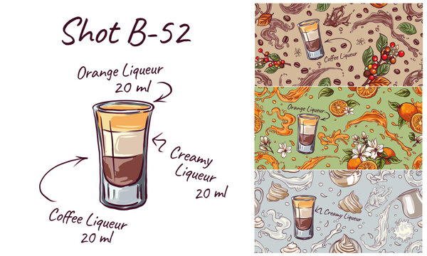 pattern Cocktail B-52, hand drawn vector sketch, bar alcoholic drink with recipe from ingredients, Kahlua, Baileys, Cointreau. Flat design. Printing house. Background for poster, t-shirt or banner.