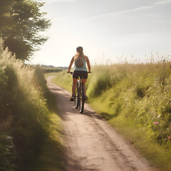 Young woman riding a bicycle on rural road in summer field at sunset