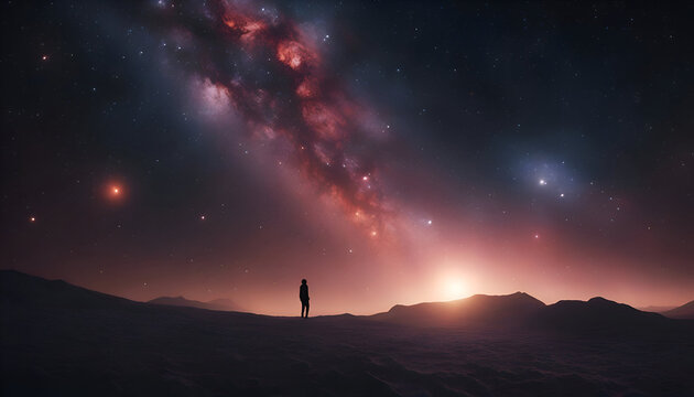 Man standing on a mountain and looking at the milky way.