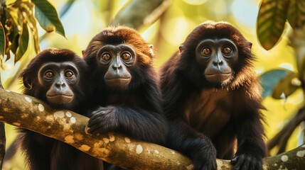 A family of howler monkeys sitting on the branch of tree