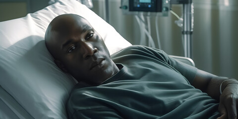 African American bald man with cancer in hospital, in a bed