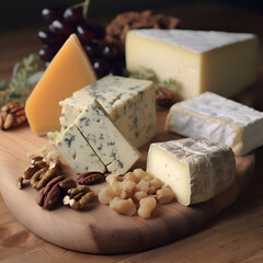 Cheese collection. various kinds of cheese with walnuts and grapes