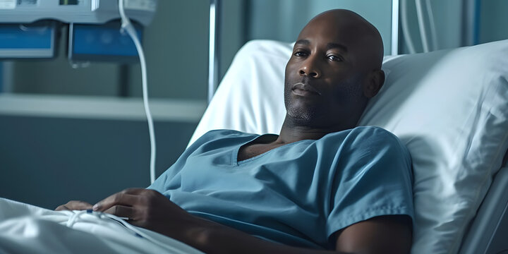 African American bald man with cancer in hospital, in a bed