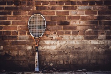 A vintage wooden tennis racket leaning against an old brick wall - obrazy, fototapety, plakaty
