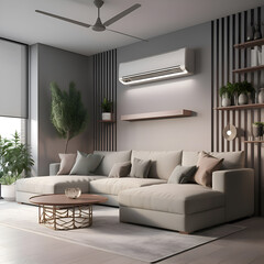 Interior of modern living room with gray sofa. coffee table and plant. 3d render