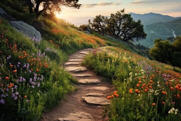 A winding, dirt path meandering up a gentle incline, surrounded by wildflowers