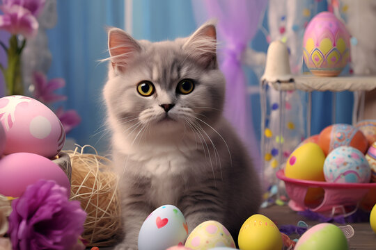 Adorable grey cat around easter eggs and colorful decoration. Easter day concept. Background