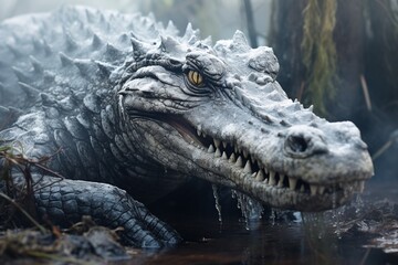 Fototapeta premium Alligator with frost on its back in a cold swamp