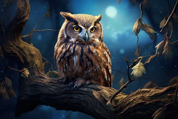 Foto op Canvas A wise old owl perched solemnly on a moonlit branch © Dan