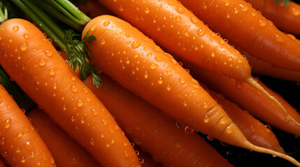Top view of Fresh carrots with water drops. Vegetables backdrop