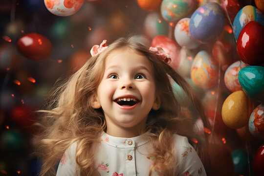 Little girl surprised and excited around colorful easter eggs floating in the air. Creative backdrop. Happy easter
