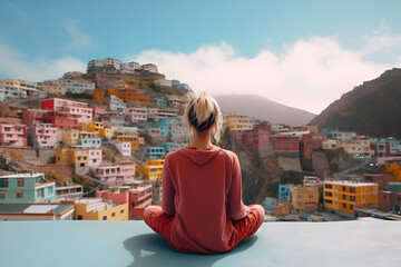 Fototapeta na wymiar Young woman meditating and reflecting in front colorful city. Mindfulness concept