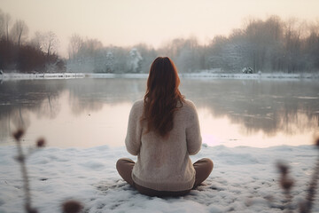 Young woman meditating on the snow in front of a lake to improve focus. Mindfulness concept. Copy space