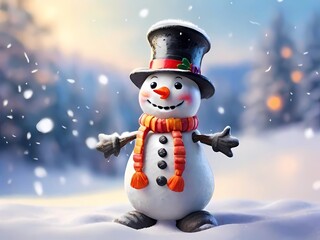 Obraz premium This lively and cheerful snowman stands cheerfully amidst the picturesque winter landscape, creating the perfect scene for a Christmas and New Year's greeting card. 