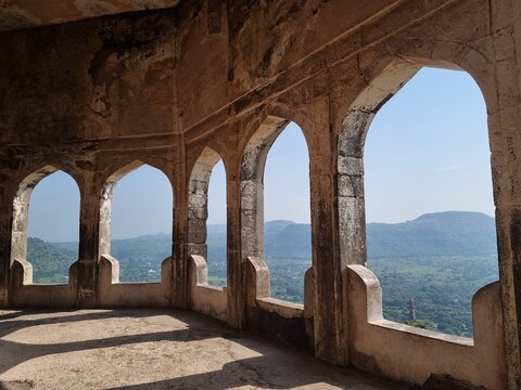Windows of Daulatabad Fort, also known as Devagiri Fort, is a historic fortress located about 16 kilometers northwest of Aurangabad in the state of Maharashtra, India.